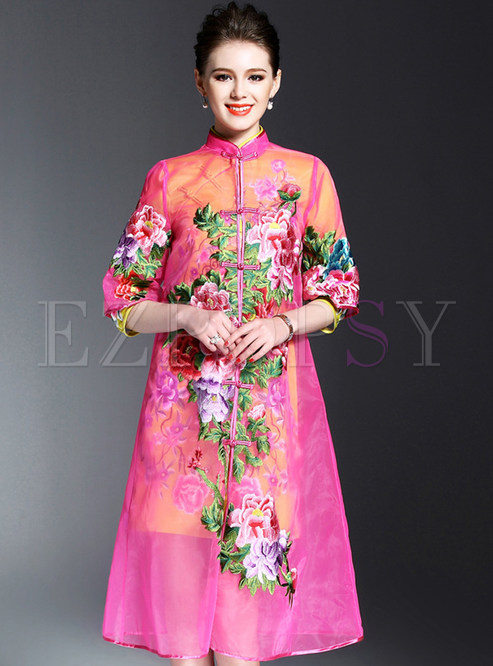 Vintage Stand Collar Embroidery Organza Coat