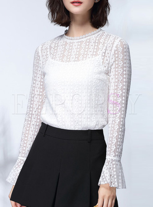 Cute Lace Flare Sleeve Hollow T-Shirt With Underskirt
