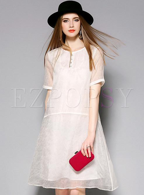 Brief Short Sleeve Plus Size Solid Color Silk Shift Dress