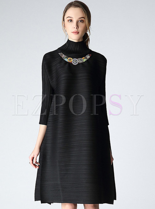 Brief Stand Collar Sequined Three Quarters Sleeve Loose Shift Dress