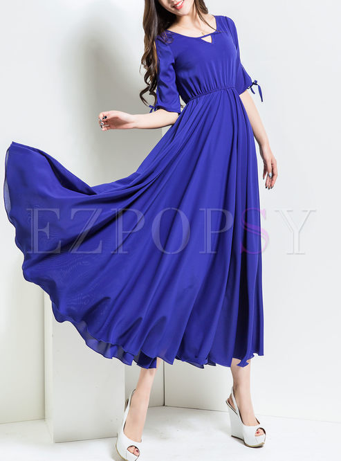 Elegant Half Sleeve Elastic Waist Chiffon Maxi Dress