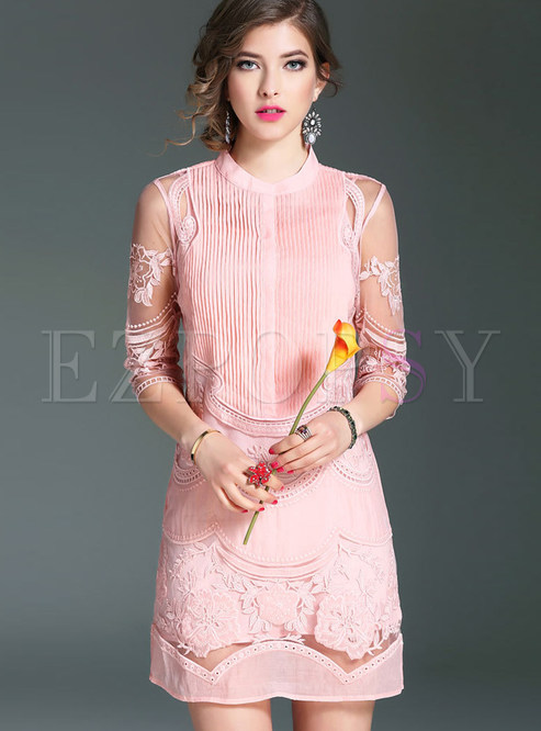 Sexy Lace Stand Collar Hollow Out Shift Dress