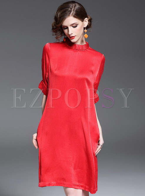 Brief Stand Collar Solid Color Rayon Shift Dress