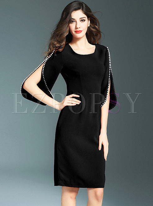 Brief Flare Sleeve Pearl-patch Skinny Dress