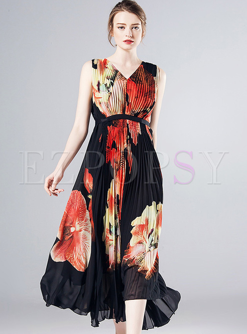 Stylish Flower Print High Waist Maxi Dress