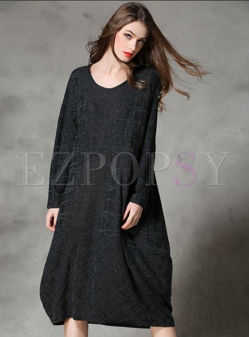 Oversized O-neck Grid Knitted Dress