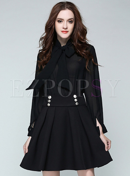 Cute Solid Color Bowknot A-Line Patch Skater Dress