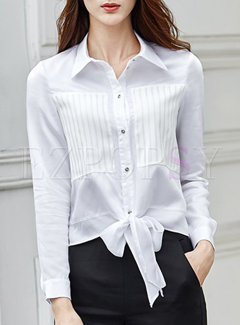 Fashion Turn Down Collar Bowknot Patch Blouse