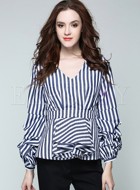 Tops | Blouses | Casual Striped V-Neck A-Line Long Sleeve Blouse