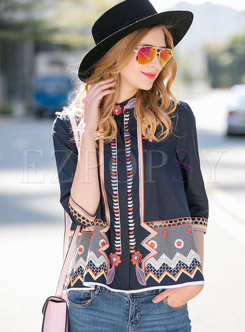 Ethnic Stand Collar Embroidery 3/4 Sleeve Blouse