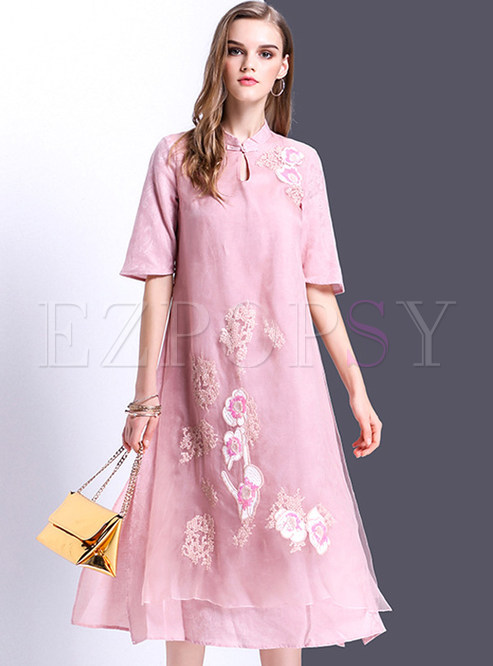 Cute Stand Collar Ethic Embroidery Split Shift Dress