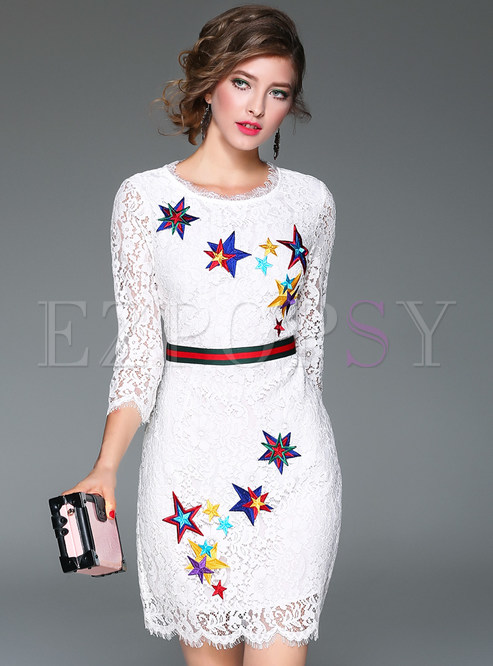 Brief Star Embroidery Lace Patch Hollow Skater Dress