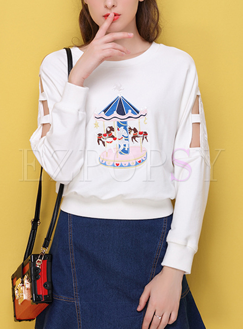 Cute Cartoon Embroidery Hollow Out Sweatshirt