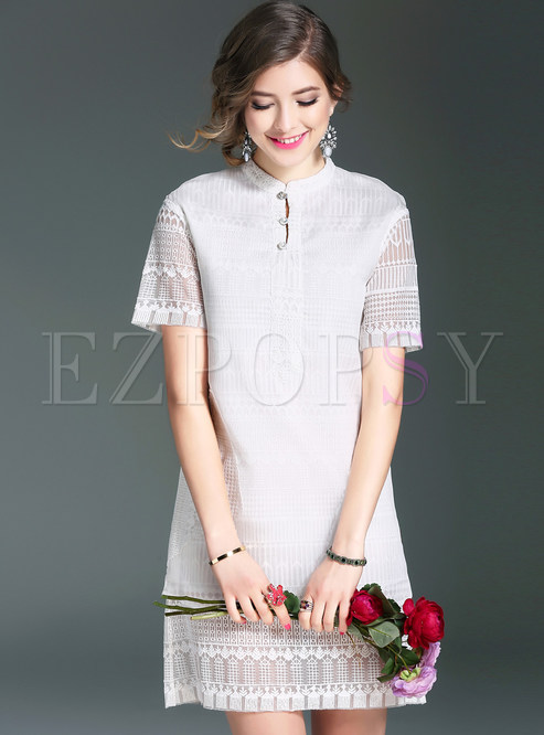Brief Stand Collar Patch Hollow Embroidery Shift Dress