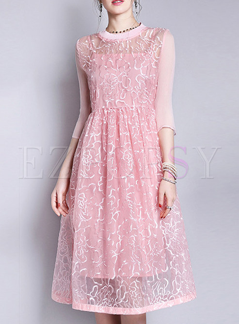 Sweet Embroidery Pleated A-Line Patch Skater Dress With Underskirt