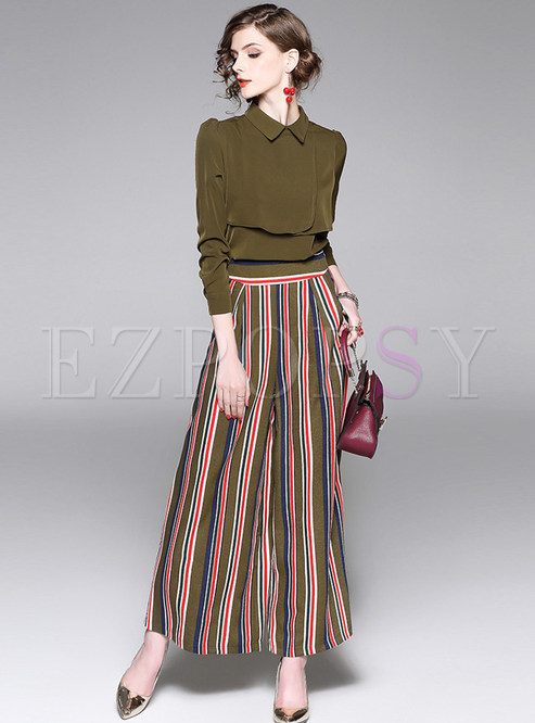 Casual Turn Down Collar Blouse & Striped Wide Leg Pants Outfits
