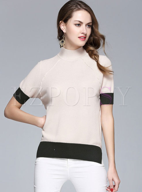 Brief Hit Color Turtle Neck Short Sleeve Sweater