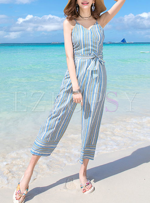 Casual Loose Stripe Backless Jumpsuit