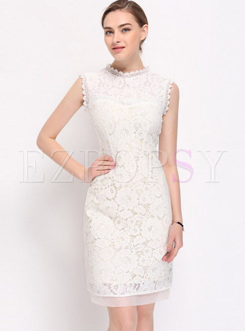 Elegant Pure Color Sleeveless Embroidery Bodycon Dress