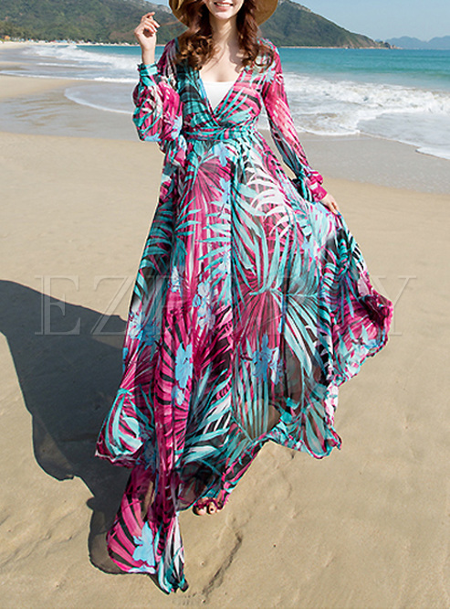Bohemian Print A-Line Asymmetric Maxi Dress
