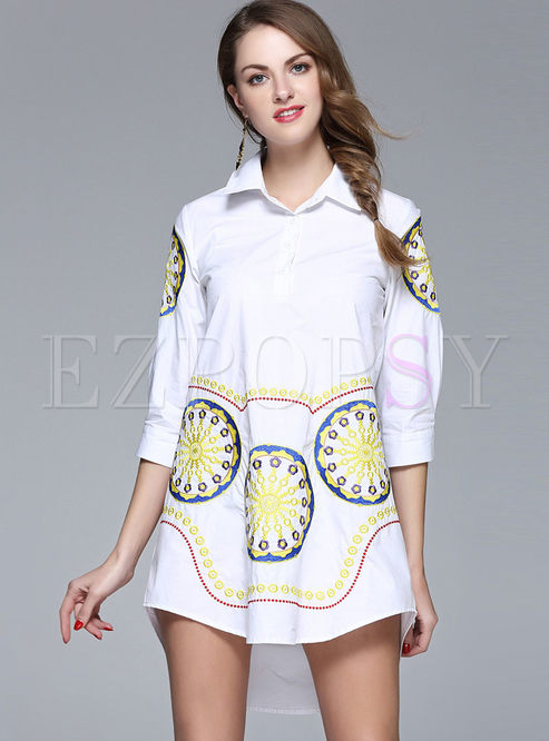 Brief Loose Embroidery Lapel 3/4 Sleeve Shift Dress