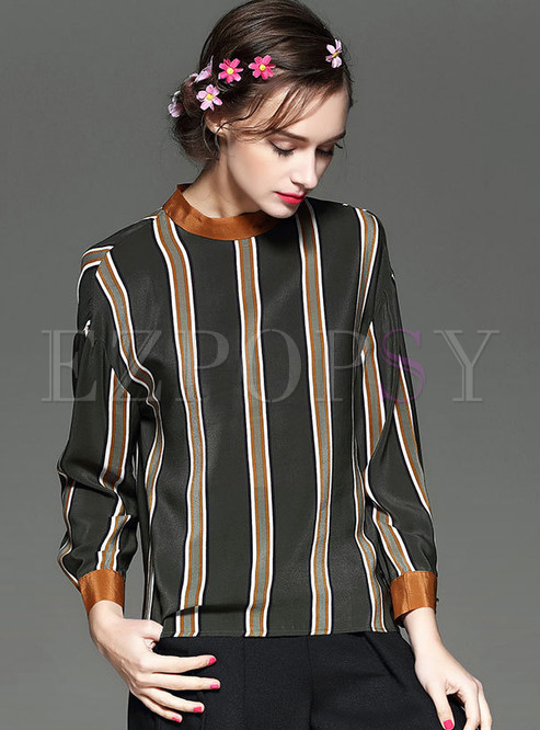 Brief Striped Long Sleeve Stand Collar Blouse