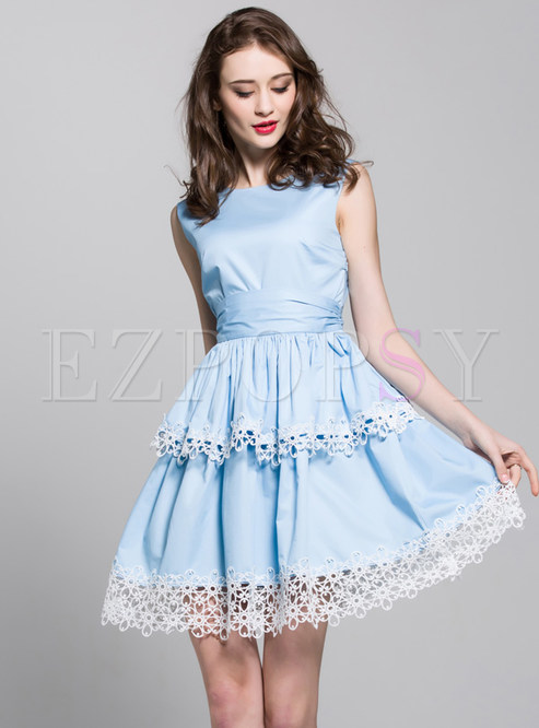 Cute Peplum Lace Patch Sleeveless Skater Dress