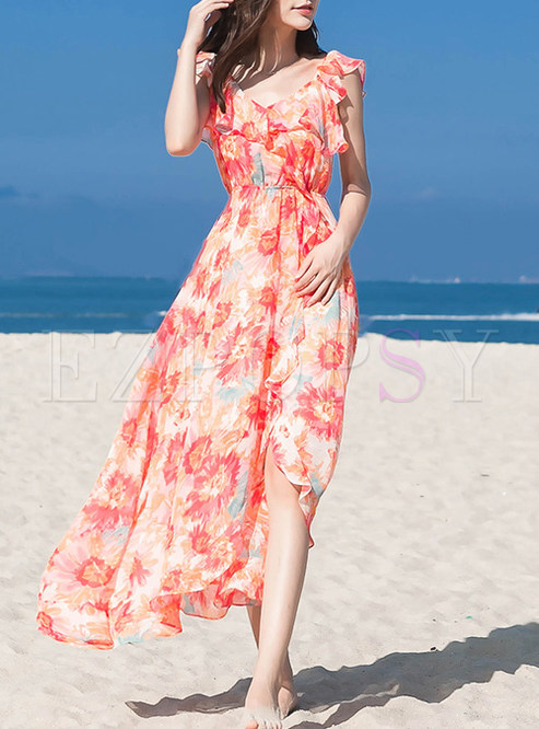 Cute V-Neck Floral Asymmetric High-Waist Maxi Dress