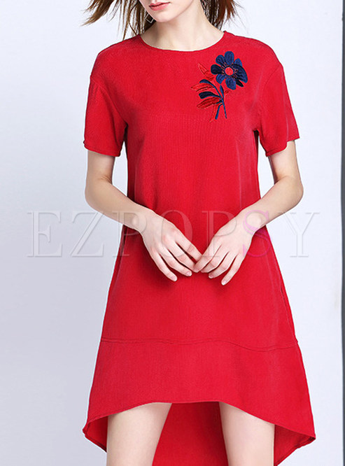 Brief O-Neck Short Sleeve Print Asymmetric Shift Dress