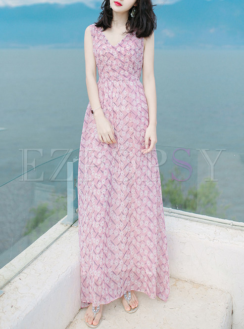 Cute Print V-Neck Sleeveless A-Line High-Waist Maxi Dress