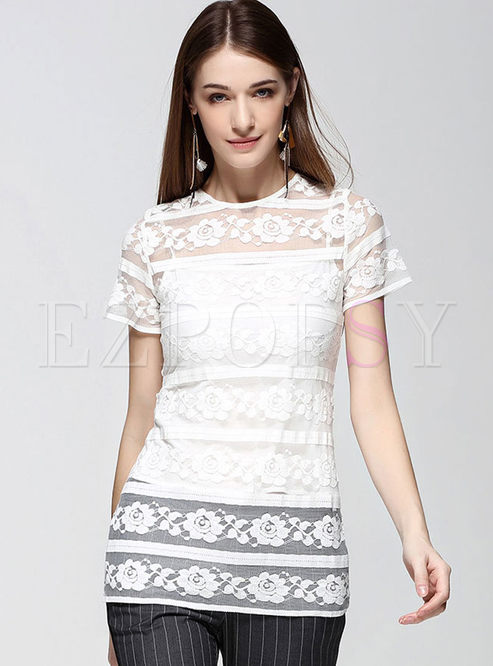 Chic Lace See-through Nipped Waist T-shirt