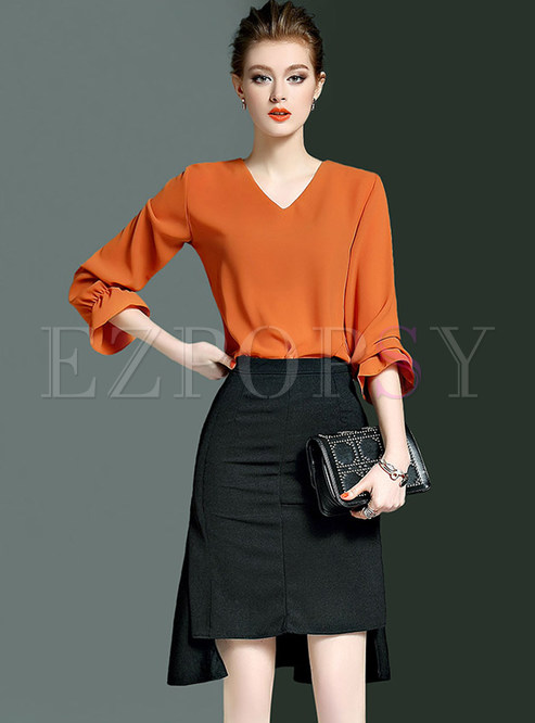 Work V-neck Pure Color Two-piece Outf