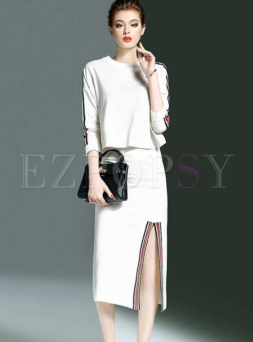 Casual O-neck Slit Hit Color Two-piece Outfits