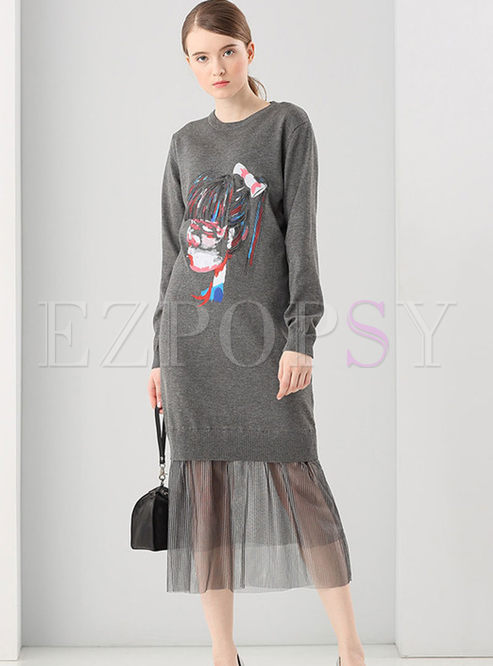 Brief Print Voile Patchwork Knitted Dress