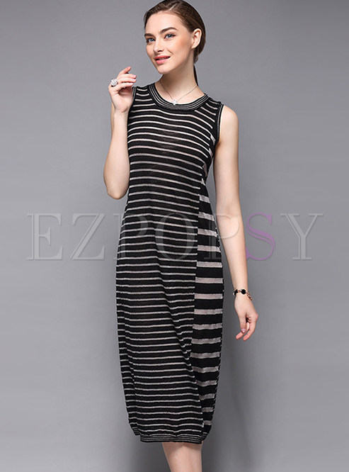 Casual Striped Patch O-Neck Loose Shirt Dress