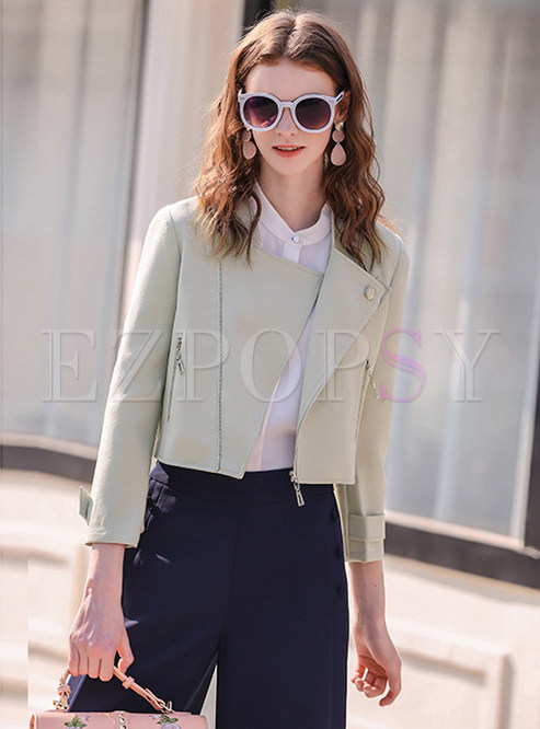 Brief Solid Color Stylish Asymmetric Zip-Up Coat