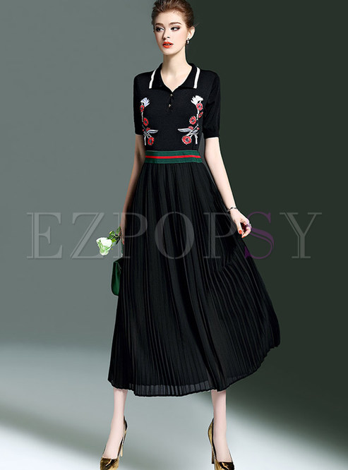 Fashion Embroidery Turn Down Collar Maxi Dress