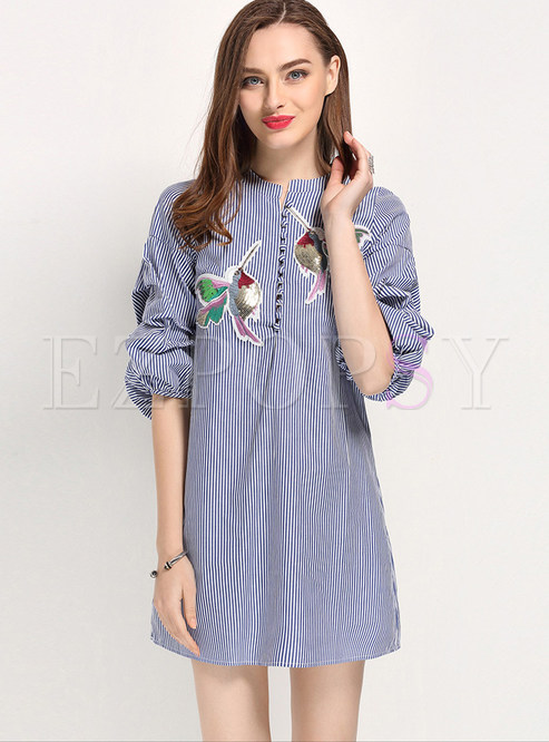Cute Embroidery Striped Cotton Half Sleeve Shift Dress