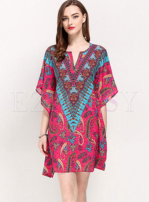 Ethnic V-neck Hit Color Print Shift Dress