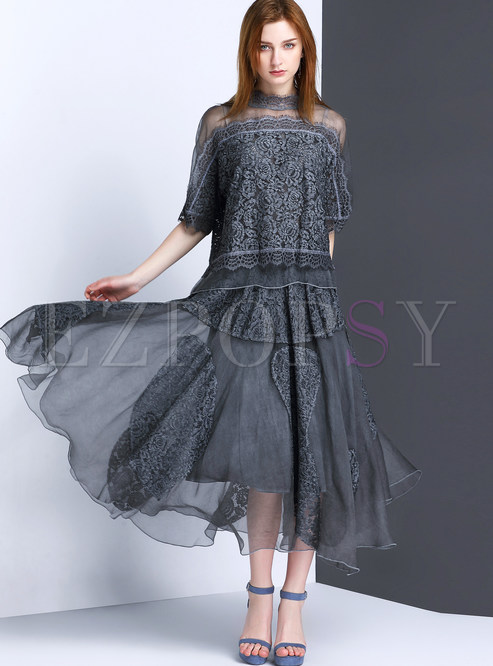 Brief Patch Hollow Lace Top & A-line Skirt Outfits