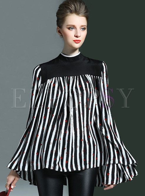 Stylish Loose Stand Collar Stripe Patchwork Blouse