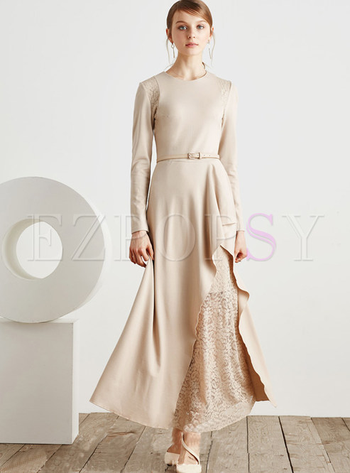 Elegant O-neck Lace Patch Maxi Dress
