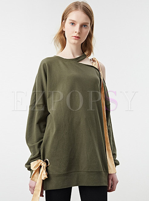 Casual Off Shoulder Patch Loose Pullover Hoodies
