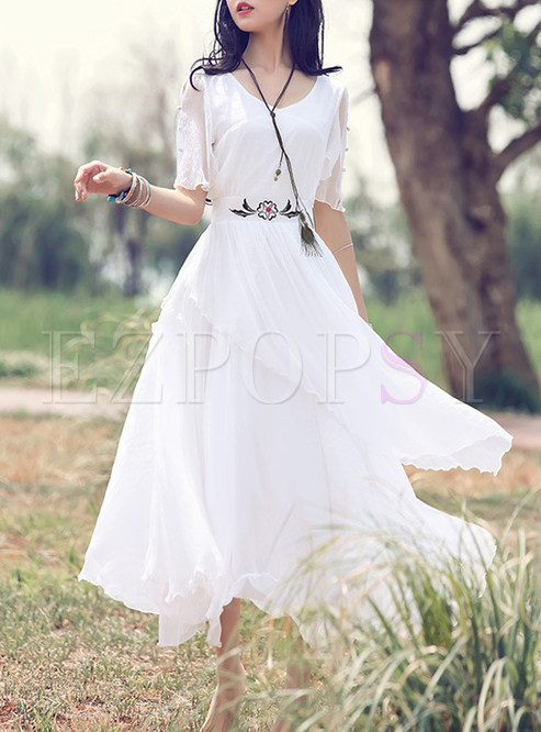 Cute V-Neck Short Sleeve Pleated High-Waist Maxi Dress
