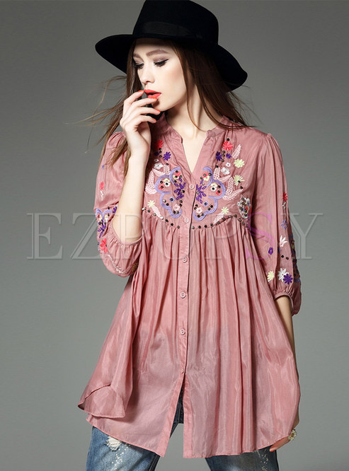 Casual Loose V-Neck Embroidery Slit Blouse