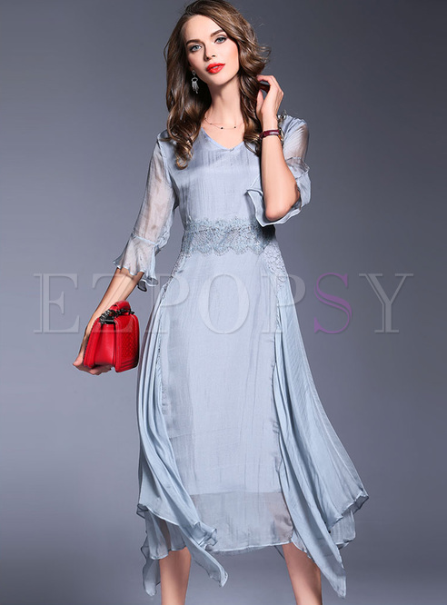 Elegant Blue High Waist Asymmetric Maxi Dress