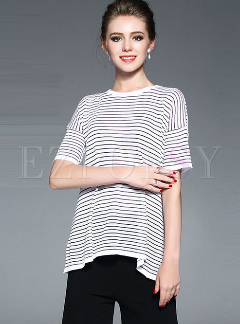 Brief Stripe O-neck Knit T-shirt