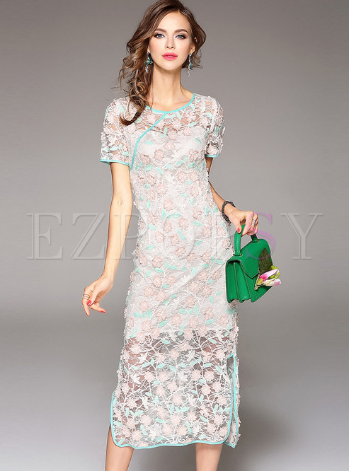 Sweet Slim Floral Embroidery Bodycon Dress