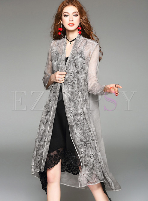 Stylish Embroidery Stitching Pure Color Coat