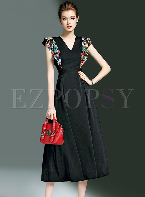 Ethnic Floral EMbroidery High Waist V-neck Maxi Dress